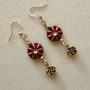New Clear Red With Gold Wash Czech Glass Bead & Gold Rose Dangle Earrings